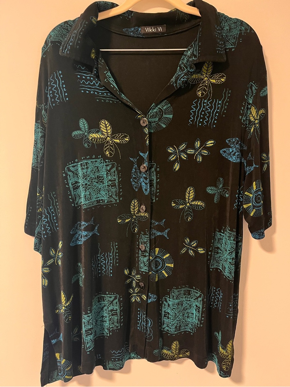 Vikki Vi Black Button-Front Top with Teal and Yellow Floral Print